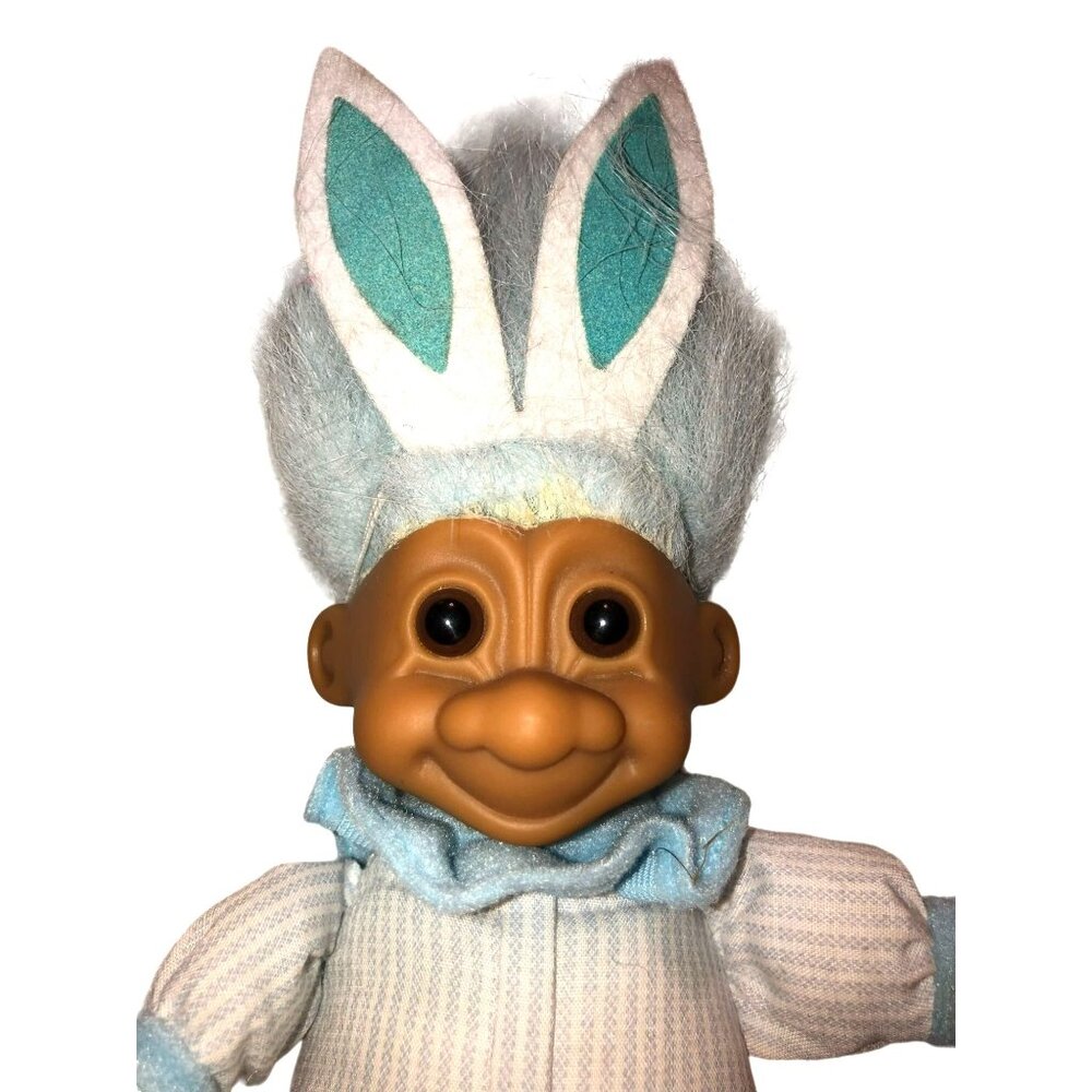 Vtg Russ Troll Doll Easter Bunny Ears Blue Hair Brown Eyes Plush Body 8" Long